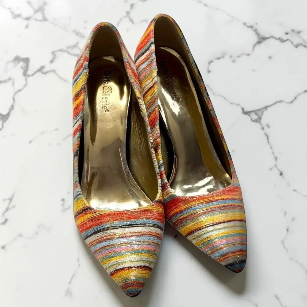 Torta Caliente Zita Rainbow Stripe Pointed Toe Pumps Heels Sz 6 NIB Dopamine